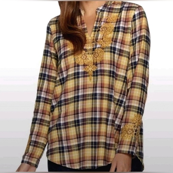 Logo By Lori Goldstein Size 8 Tunic Embroidered Plaid Flannel Shirt Yellow Boho - Picture 1 of 8